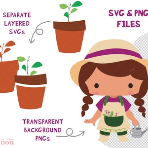 May include: A digital illustration of a girl with brown hair wearing a purple and beige hat, a purple shirt, and a beige apron with green trim. She is holding a watering can and standing in front of a transparent background. The image includes the text "SVG & PNG FILES" and "TRANSPARENT BACKGROUND PNGs".