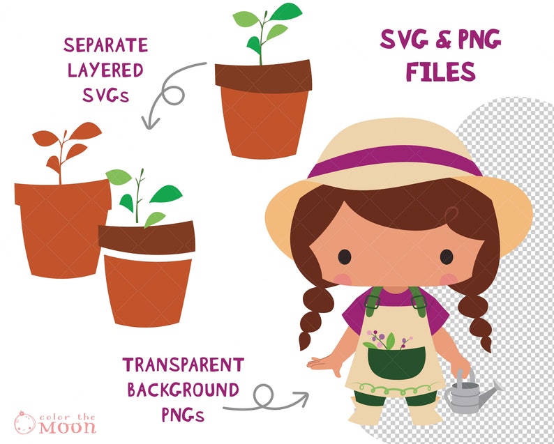 May include: A digital illustration of a girl with brown hair wearing a purple and beige hat, a purple shirt, and a beige apron with green trim. She is holding a watering can and standing in front of a transparent background. The image includes the text "SVG & PNG FILES" and "TRANSPARENT BACKGROUND PNGs".