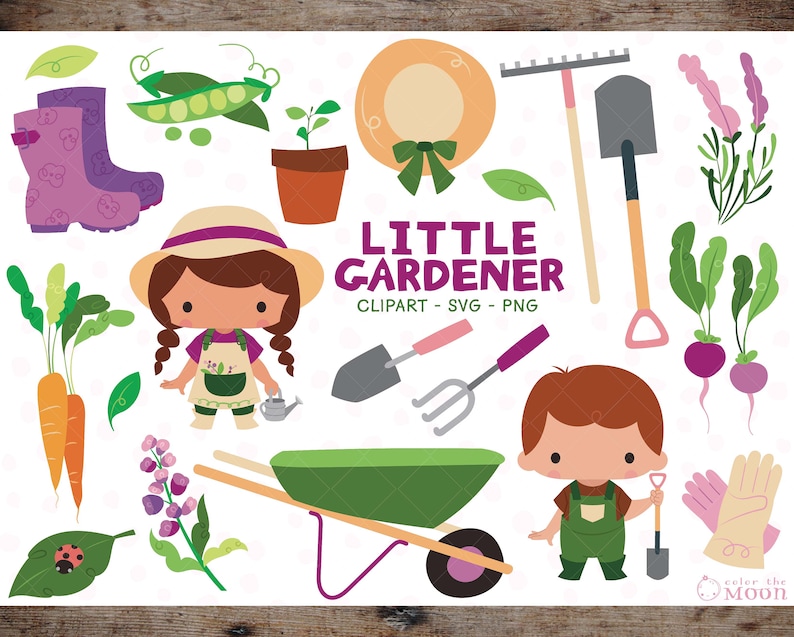 May include: A set of colorful clip art images featuring a little gardener theme. The set includes a girl and boy gardener, a wheelbarrow, a shovel, a rake, a watering can, a ladybug, carrots, peas, a hat, a flower, and a turnip.