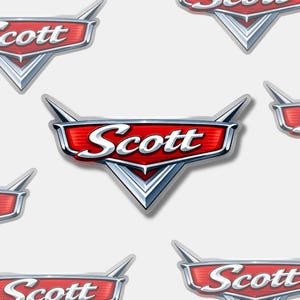 May include: A repeating pattern of a stylized emblem featuring a red, shield-like shape with silver metallic borders and sharp, wing-like points. The word Scott is written in a white, cursive, script-style font across the center of each emblem.
