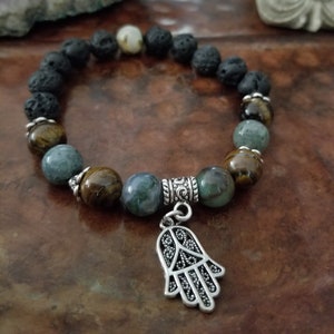 Tiger's Eye and Ocean Jasper Bracelet with Fatima Charm
