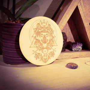 Wolf Alar Accent for your sacred spaces. Wolf design with geometric pattern. Can use as mini crystal grid.