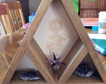 Etched Jellyfish Triangle Shelf, Crystal Display, Wooden Essential Oil Shelf