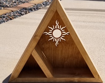 Zen Babe, Tribal Sun Triangle Shelf, Sun Shelf, Crystal Shelf, Crystal Display Shelf, 12 in Wooden Essential Oil or Crystal Triangle Shelf