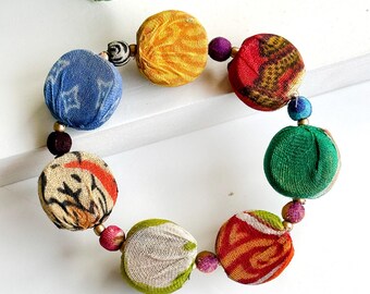 Fair Trade Pastille Disc Beads Bracelet Stretch Upcycled Kantha Fabric Repurposed Sari Cotton Recycled Ethical Sustainable Boho Adjustable