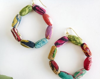 Fair Trade Hoop Kai Earrings Upcycled Kantha Fabric Beads Repurposed Sari Cotton Recycled Ethically Sustainable Artisans Slow Fashion Gift