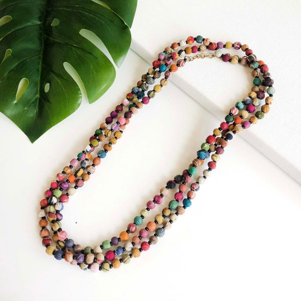 Fair Trade Long Necklace or Bracelet Upcycled Kantha Fabric Bead Repurposed Sari Cotton Recycled Ethical Sustainable Artisans Slow Fashion