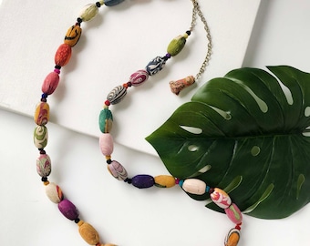 Fair Trade Long Necklace Oval Upcycled Kantha Fabric Beads Repurposed Sari Cotton Recycled Ethical Sustainable Artisan Handmade Slow Fashion