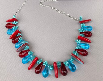 Artisan Red Blue Czech Bead and Silver Chain Necklace Handmade in USA