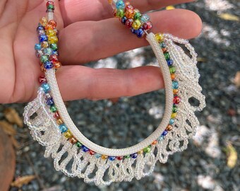 Artisan White and Rainbow Beaded Fringe Necklace Handmade in USA