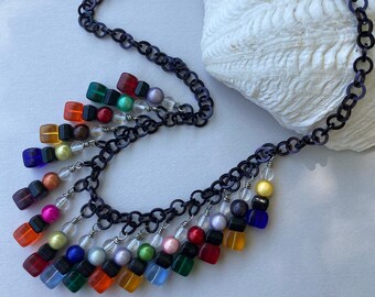 Artisan Rainbow Beaded Dangles and Black Chain Necklace Handmade in USA