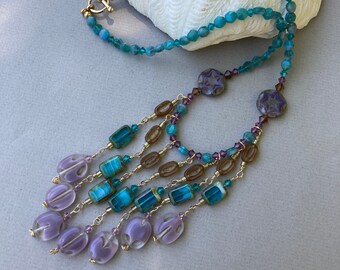 Artisan Teal Lavender Dangles Czech Glass Beads Statement Necklace Handmade in USA