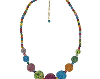 Fair Trade Graduated Threaded Kantha Bead Necklace Upcycled Fabric Beads Repurposed Sari Cotton Recycled Wood Ethical Sustainable Artisans