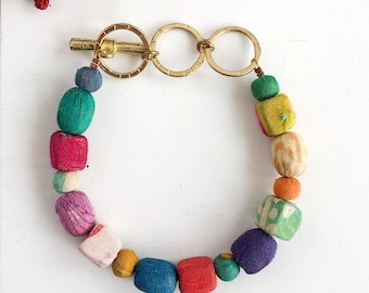Fair Trade Unique Shapes Toggle Bracelet Upcycled Kantha Fabric Beads Repurposed Sari Cotton Recycled Ethical Sustainable Boho Adjustable