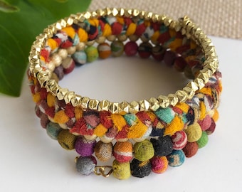 Fair Trade Glimmer Spiral Bracelet Memory Wire Upcycled Kantha Fabric Brass Metallic Beads Repurposed Sari Cotton Recycled Ethical Boho Gift
