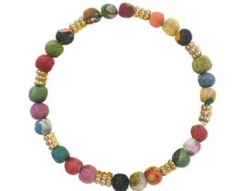 Fair Trade Small Kantha Beads Gold Accents Stretch Bracelet Upcycled Fabric Sari Cotton Recycled Ethical Sustainable Boho Adjustable Gift