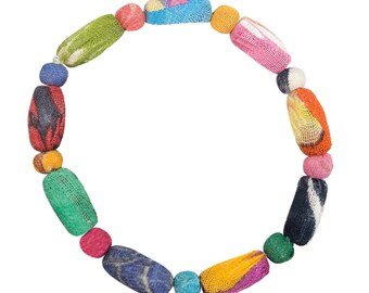 Fair Trade Long and Round Beads Stretch Bracelet Upcycled Kantha Fabric Colorful Sari Cotton Recycled Sustainable Boho Adjustable Gift OSFM