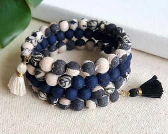 Fair Trade Indigo Blue Spiral Bracelet Memory Wire Upcycled Kantha Fabric Bead Repurposed Sari Cotton Recycled Ethical Sustainable Boho Gift