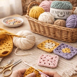 K&ouml;nnte beinhalten: Ein Stillleben mit verschiedenen H&auml;kelutensilien. Ein Weidenkorb enth&auml;lt Wollkn&auml;uel in verschiedenen Farben. Geh&auml;kelte Quadrate in Gelb, Rosa und Lila sind ausgestellt. Eine goldene Schere und eine H&auml;kelnadel sind ebenfalls zu sehen, zusammen mit einem angefangenen H&auml;kelst&uuml;ck.