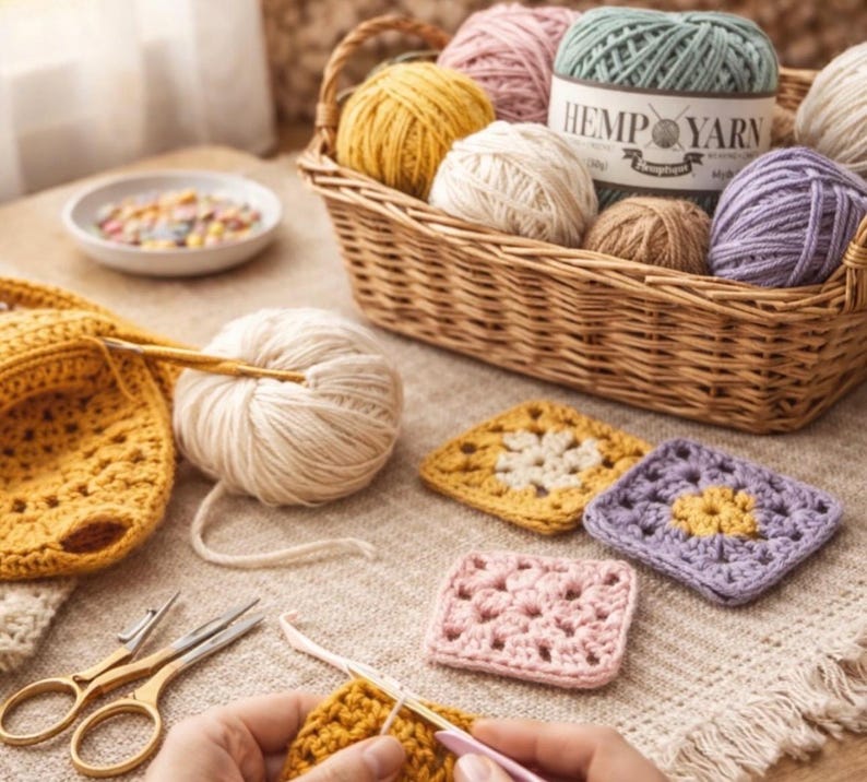 K&ouml;nnte beinhalten: Ein Stillleben mit verschiedenen H&auml;kelutensilien. Ein Weidenkorb enth&auml;lt Wollkn&auml;uel in verschiedenen Farben. Geh&auml;kelte Quadrate in Gelb, Rosa und Lila sind ausgestellt. Eine goldene Schere und eine H&auml;kelnadel sind ebenfalls zu sehen, zusammen mit einem angefangenen H&auml;kelst&uuml;ck.