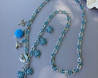 Artisan Butterfly Hummingbird Dragonfly Blue Silver Long Chain Necklace Handmade in USA