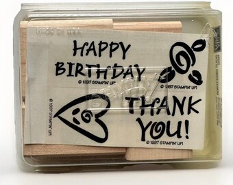 Stampin' Up 4 Rubber Stamp Set Wood Block Happy Birthday Thank You Heart Flower New in Box Retired Vintage 1997