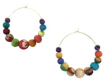 Fair Trade Graduated Hoop Earrings Upcycled Kantha Fabric Beads Repurposed Sari Cotton Recycled Ethically Sustainable Artisans Slow Fashion