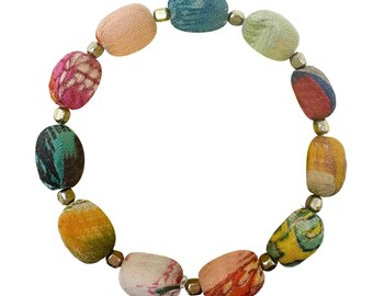 Fair Trade Oval Beads Stretch Bracelet Upcycled Kantha Fabric Colorful Sari Cotton Recycled Ethical Sustainable Boho Adjustable Gift OSFM