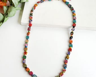 Fair Trade Square Bead Long 34" Necklace Upcycled Kantha Fabric Repurposed Sari Cotton Recycled Ethical Sustainable Artisan Handmade Boho