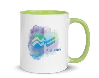 Aquarius Blue & Lime Green Mug 11oz - Zodiac Coffee Mug - Aquarius Gifts - January, February Birthday