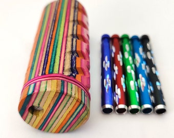 Rainbow Dugout 4" Stash Box with a Push to Clean One Hitter Pipe - Self Cleaning Bats +10 Brass Screens, Self Clean Pipe