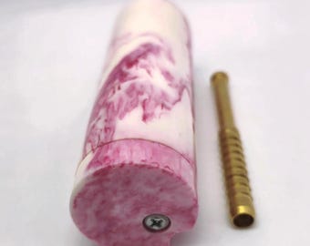 Acrylic Pink Dugout 4" Round Stash Box with Solid Brass One Hitter Pipe +10 Brass Screens, Pocket Pipe for Purses and On the Go