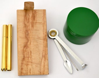 Beech Wood Dugout Bundle Set - 1 Dugout, 2 Brass One hitter Bats, 1 Metal Grinder, 1 Cleaning tool, 8 Brass Screens
