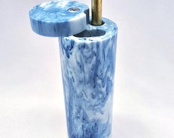Acrylic Blue Dugout 4" Round Stash Box with Solid Brass One Hitter Pipe +10 Brass Screens, Pocket Pipe for Purses and On the Go