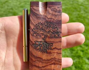 Tree Of Life Exotic Wood Dugout w/ One Hit Brass Bat + Wood Adornment One Hitter Pipe, Wood Stash Box + 4 Mini Screens, Glass Pipes