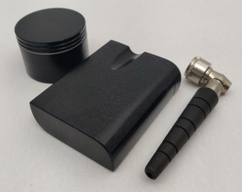 Black Acrylic Dugout One Hitter BUNDLE, Ebony & Metal Pipe w/ screw on Lid, 2" Black Metal Grinder +5 Large Screens