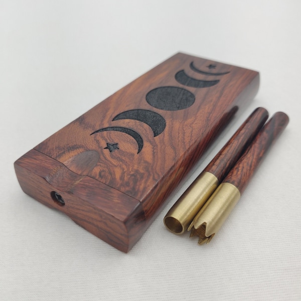 Moon & Star Rosewood Dugout Stash Box, Brass One Hitter Grinder Bat w/ Rosewood Adornment - Wood Chillum Smoking Pipe +4 Brass Pipe Screens