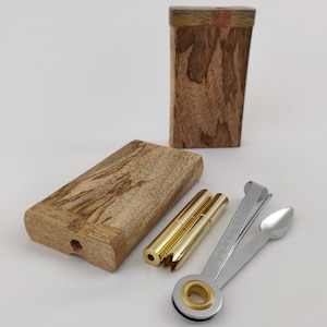 Mango Wood Dugout with Poker, Includes up to 2 One Hitter Brass Bats - 3 Inch Dug Out Stash Box with Cleaning Tool Set & 4-8 Pipe Screens