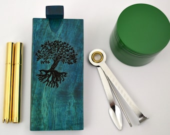 Blue Mango Wood (Tree with Roots) Dugout Bundle Set - 1 Dugout, 2 Brass One hitter Bats, 1 Metal Grinder, 1 Cleaning tool, 8 Brass Screens