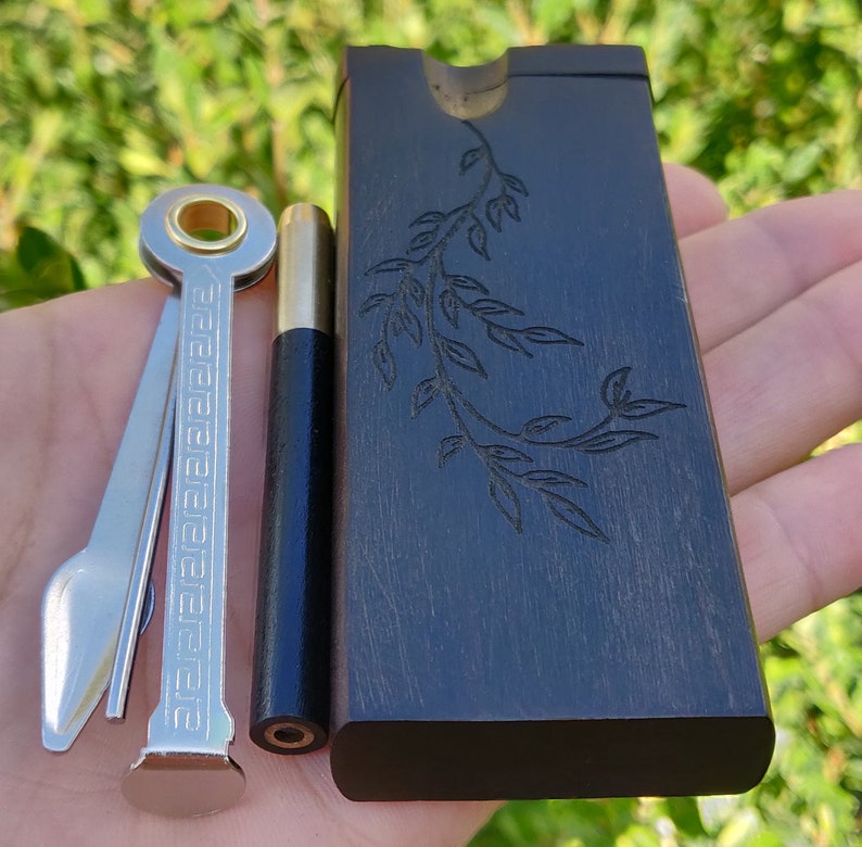 Brass One Hitter Bat with an Ebony Wooden Adornment Ebony Wood Dugout w Leafy Branch 4 Screens Dug Out With Poker Pipe Cleaning Tool