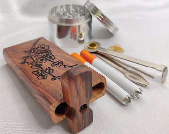 Cherry Blossom Branch, Rosewood Dugout One Hitter Set, + 2 Grinder One Hitter Bats, 2" Metal Grinder, Czech Style Cleaning Tool & Screens