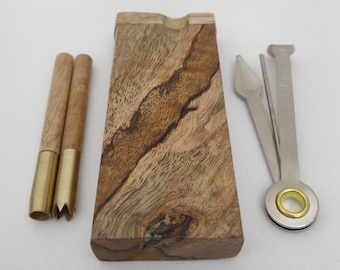 4&quot; Mango Wood Dugout, Wooden Stash Box with Your Choice of Brass One Hitter Bat (Smooth to Spiked tip), plus 4 Mini Brass Screens