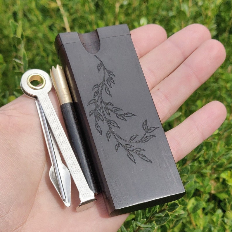 Brass One Hitter Bat with an Ebony Wooden Adornment Ebony Wood Dugout w Leafy Branch 4 Screens Dug Out With Poker Pipe Cleaning Tool