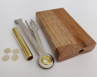 Rose Gold Teak Wood 3" Dugout Stash Box + Your Choice of 1-4 One Hitter Pipes + 4-12 Mini Brass Screens, Plus a Cleaning Tool Option