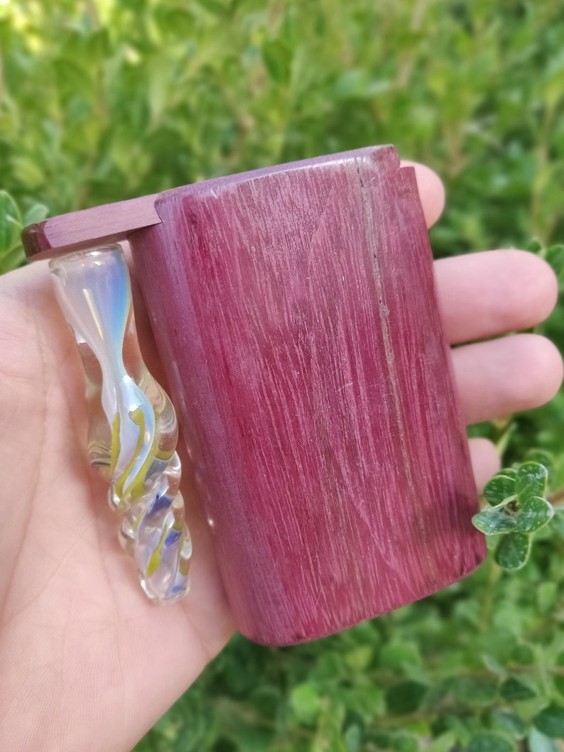 Dugout w/ Sliding Magnetic Lid Redwood Pocket Stash Box w/ Glass Chillum Pipe 