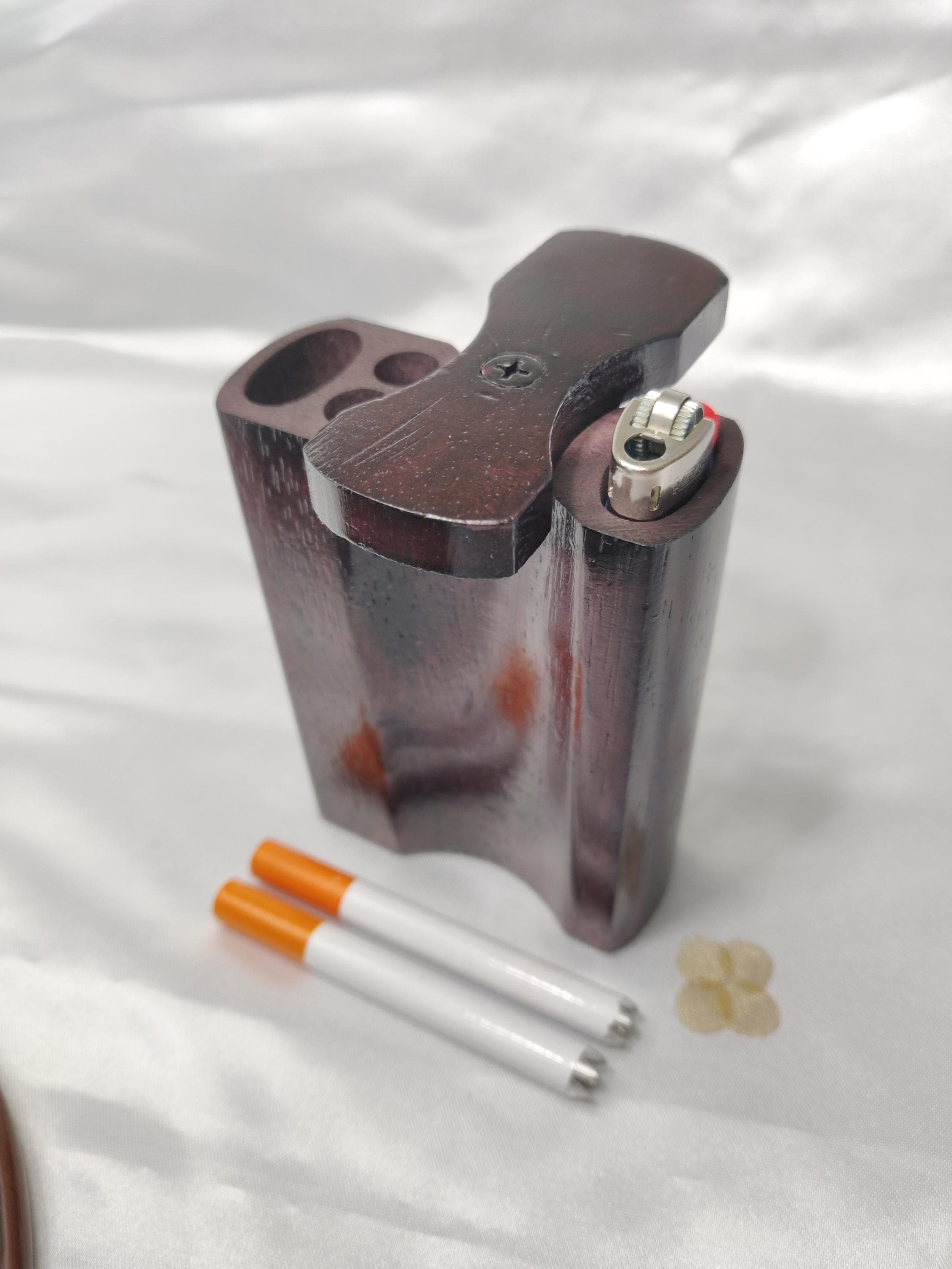 how to shotgun a cigarette Large Rose Dye Mango Wood Dugout Smoking Box, + 2 Grinder One Hitter Bats,  Spring-loaded Mini Bic Lighter Slot, +8 Screens & Cleaning Tool