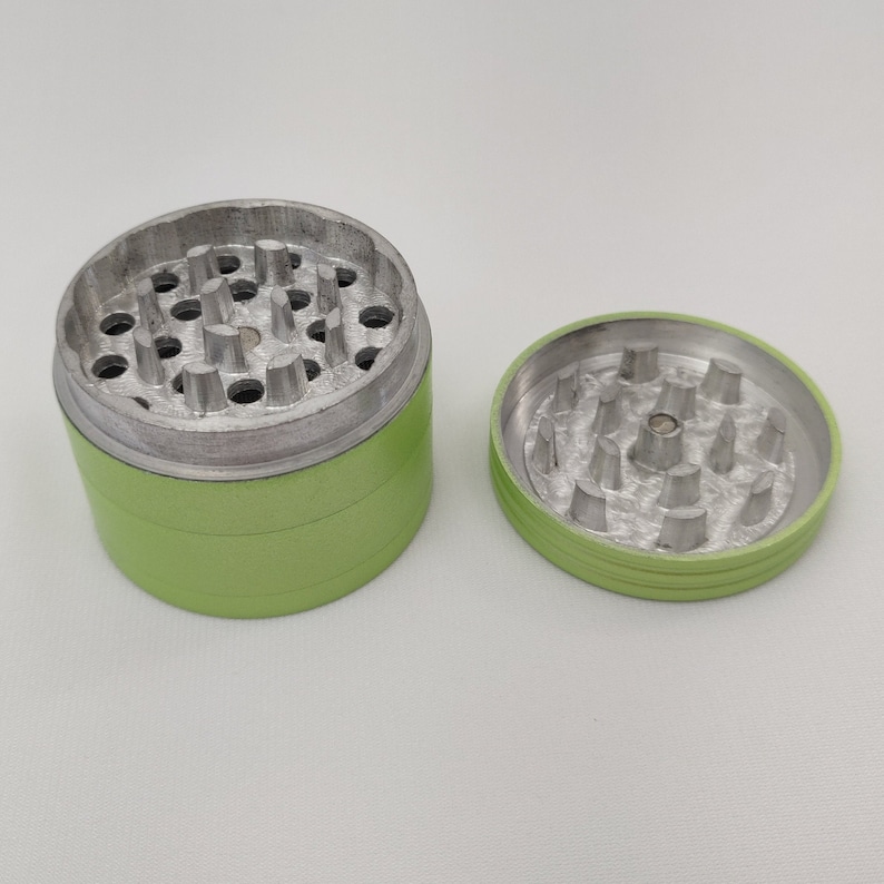 Lime Green Herb Grinder with Catcher, 2" Metal Grinder for Herbs, 4 Piece Tobacco and Kitchen Spice Grinder Set + Screened Bottom Chamber image 2