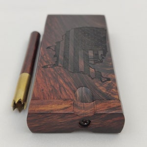USA Flag Rosewood Dugout Stash Box, Brass One Hitter Bats with a Rosewood Adornment - Wooden Smoking Pipes, 4 Mini Pipe Filters