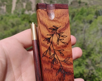 Branch Engraved Rosewood Dugout Stash Box One Hitter Pipes, 4 Mini Brass Screens, Wooden Chillum, Brass Hitter Bat Pipes - FREE SHIPPING