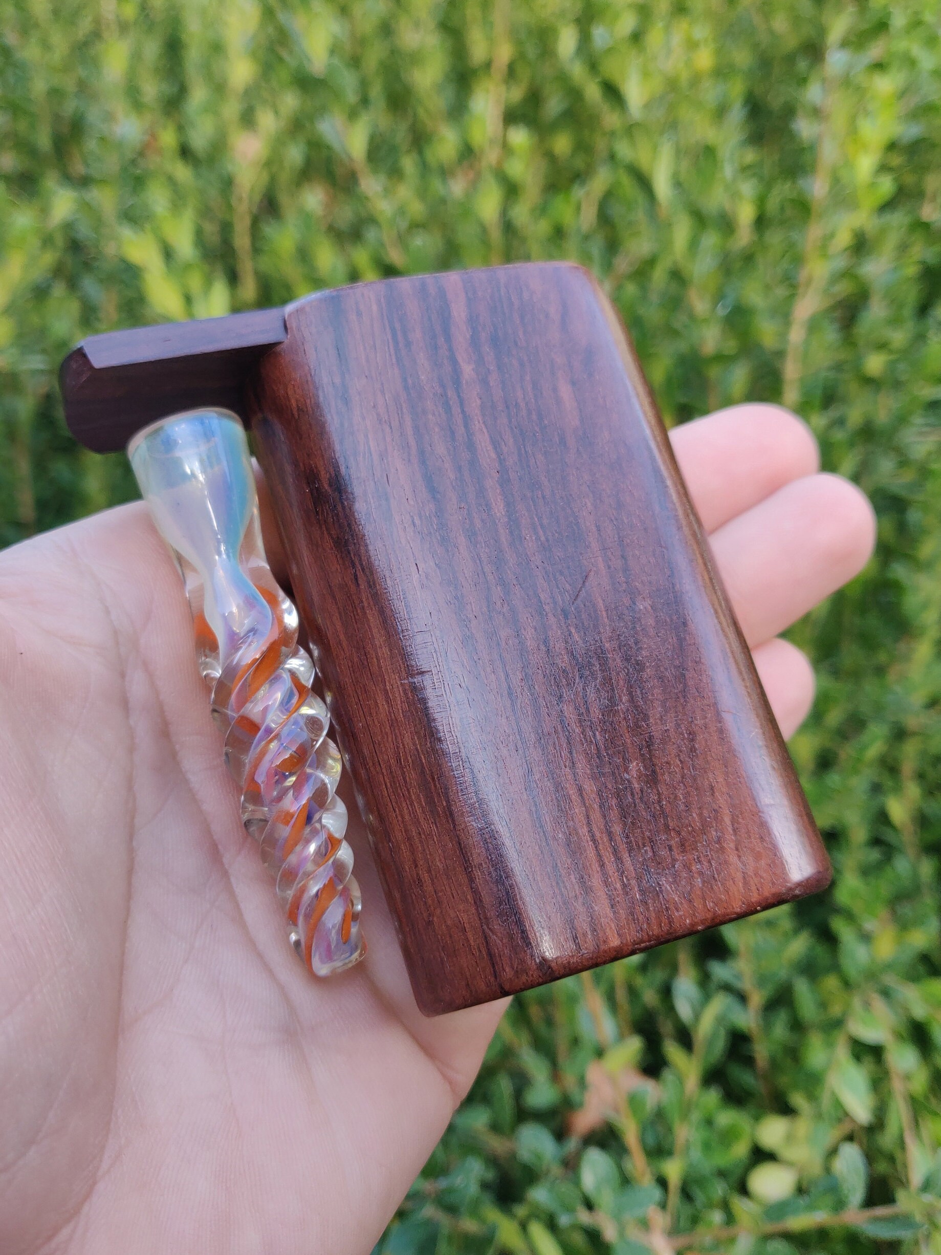 Rosewood Dugout Stash Box w/ Glass Smoking Pipe / Chillum Style, Magn…